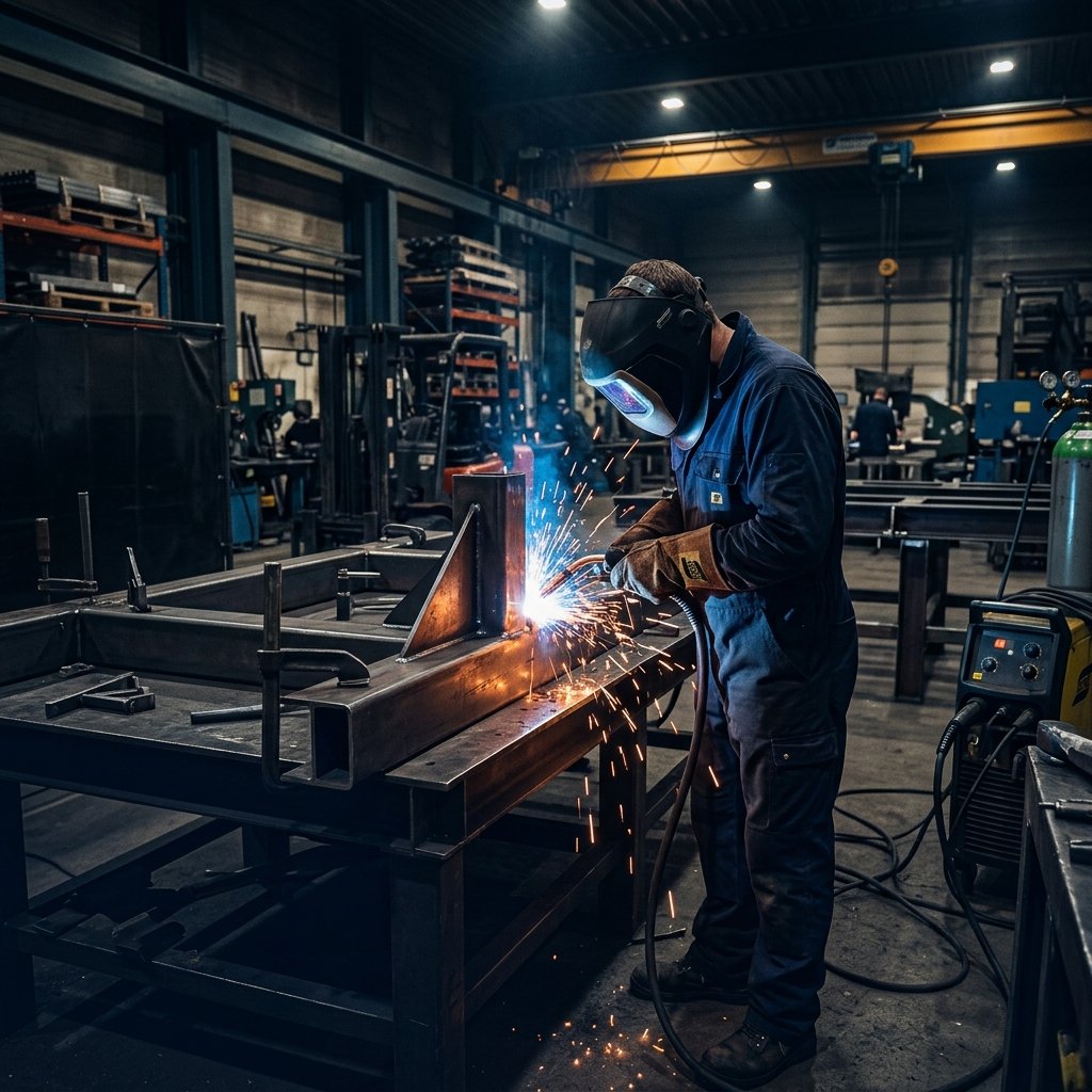 Teknisi K Nugraha N Teknik melakukan pengelasan dengan alat pelindung diri lengkap